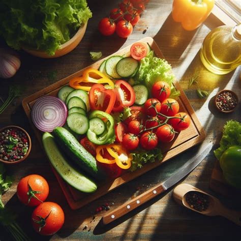 Infografía que muestra los ingredientes frescos dispuestos sobre una mesa de madera, resaltando la calidad de los vegetales.