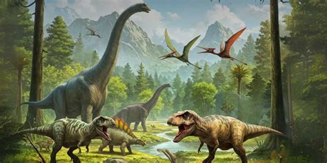 Ilustración de varios dinosaurios herbívoros de diferentes tamaños y formas en su hábitat natural.