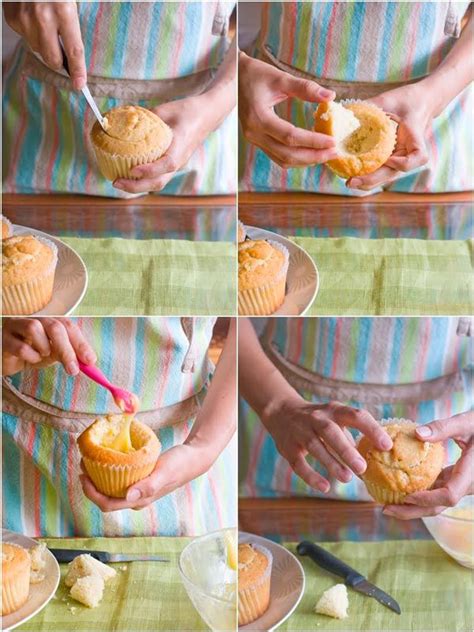 Ilustración o foto mostrando el proceso de rellenar un cupcake con crema de yema tostada y colocar la tapa