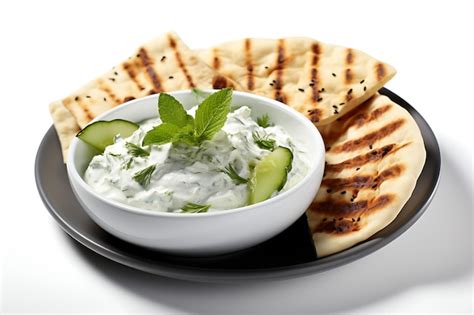 Tzatziki en un bol, con pan de pita y verduras