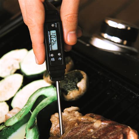 foto: termómetro digital de respuesta rápida midiendo la temperatura interna de una pieza de carne en una cocina profesional