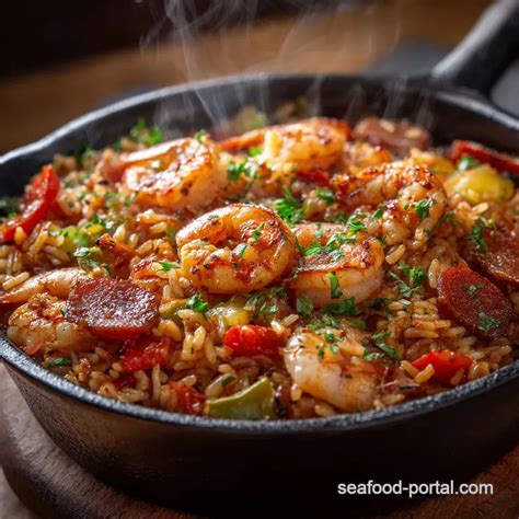 Photo of a jambalaya with seafood, specifically shrimp