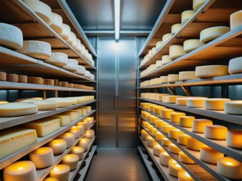 esquema de una cámara de maduración con quesos en diferentes etapas de curación