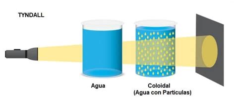 Esquema comparativo entre solución, coloide y suspensión mostrando el tamaño de partícula y el efecto Tyndall