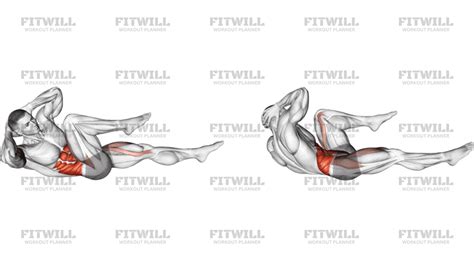 Diagrama de movimiento para el ejercicio crunch bicicleta, indicando la coordinación de rodilla y codo.