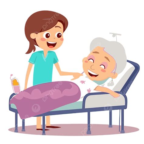 Ilustración de un cuidador consolando a un paciente mayor en la cama.