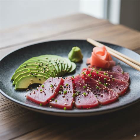 Sashimi de atún dispuesto en un plato cubierto con marinada