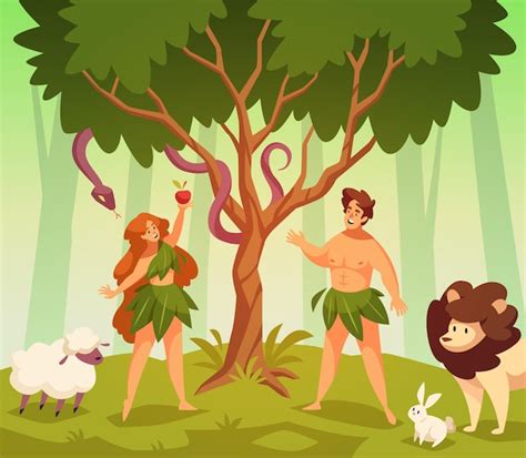Ilustración de la historia de Adán y Eva con la manzana