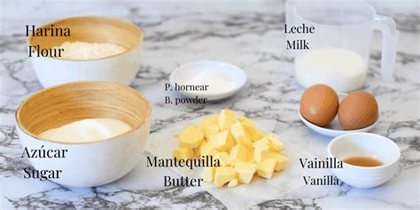 Ingredientes básicos para una torta de vainilla: huevos, azúcar, harina leudante, leche, aceite y esencia de vainilla.