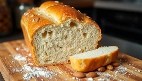 Fotografía de primer plano: rebanada de pan de almendras con textura esponjosa y semillas de sésamo