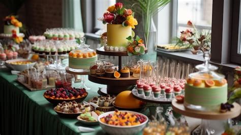 Mesa con variedad de postres veganos coloridos y atractivos