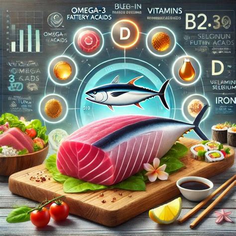 Ilustración de un atún con sus beneficios nutricionales resaltados.