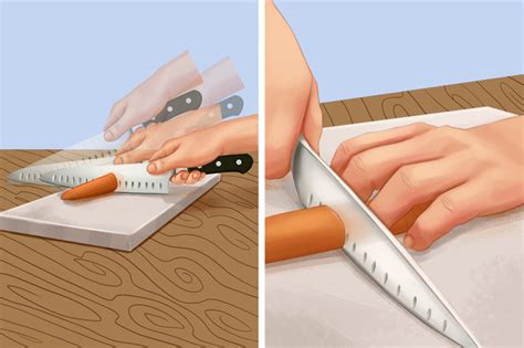 Ilustración mostrando la forma correcta de sujetar un cuchillo y la importancia de un mango antideslizante.