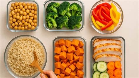 Infografía con las bases de batch cooking: caldo, sofrito, pasta, verduras al vapor y proteína.