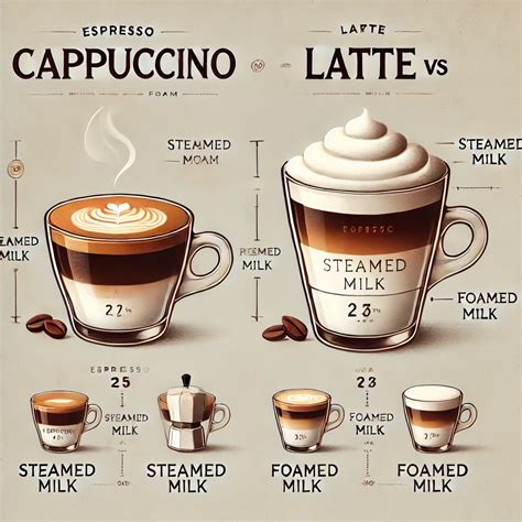infografía que muestra las diferencias de proporciones entre un capuchino, un latte macchiato y un flat white