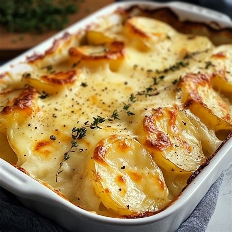 Plato de papas gratinadas al horno con una costra dorada de queso Gouda fundido