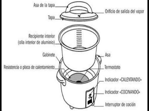 Esquema de una olla arrocera eléctrica con sus componentes principales: olla interior, elemento calefactor y dispositivo de control de temperatura.