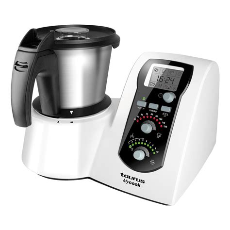 Esquema de las funciones principales de un robot de cocina (triturar, amasar, cocción, control de temperatura)