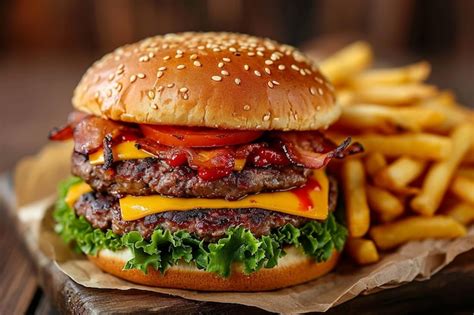 Una hamburguesa completa con papas fritas crujientes en una mesa de madera