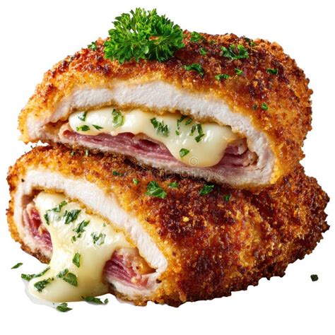Cordon Bleu terminado, con queso fundido asomando y guarnición de patatas fritas