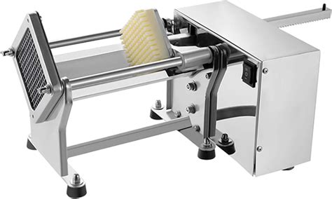 Esquema técnico de una cortadora comercial de papas fritas mostrando el sistema de cuchillas giratorias y la tolva de alimentación.