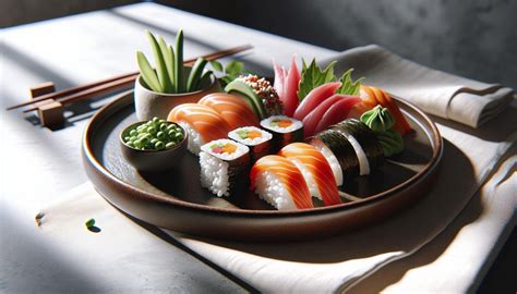 Ilustración de una mesa preparada con diferentes tipos de rolls y acompañamientos de sushi