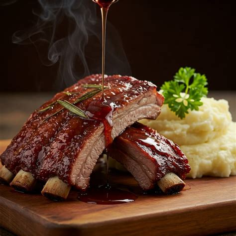 Plato de costillas de cerdo glaseadas con salsa de vino tinto y miel acompañadas de una guarnición.