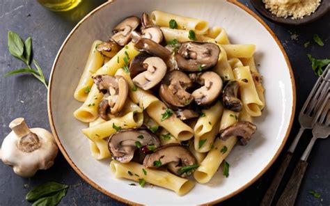 Plato de pasta con champiñones portobello.