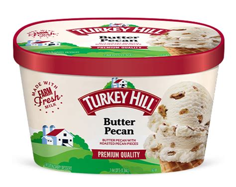 Fotografía publicitaria de un envase de helado Turkey Hill sabor Butter Pecan, mostrando la textura cremosa del producto.