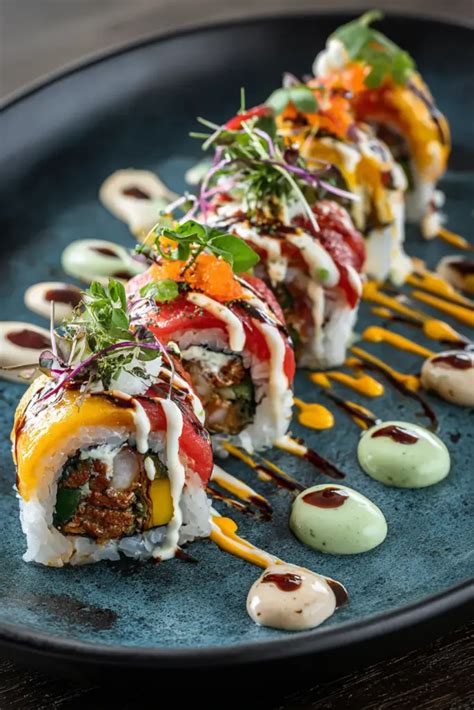 Propuesta de salsas variadas y creativas para sushi en un restaurante, con diferentes colores y texturas.