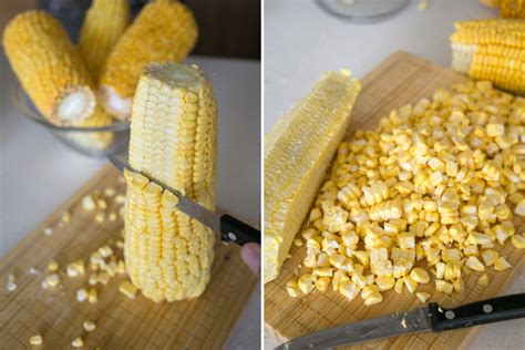 Secuencia de imágenes mostrando cómo desgranar el choclo y molerlo con albahaca
