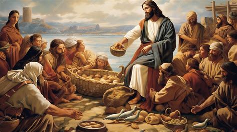 Ilustración de Jesús bendiciendo los panes y peces, rodeado de niños y una multitud.