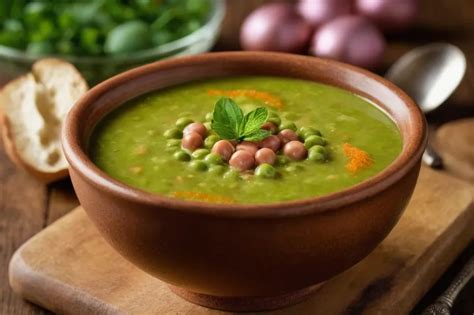 Ingredientes para sopa de arvejas: arvejas, cebolla, ajo, zanahoria, con opciones como panceta o jamón