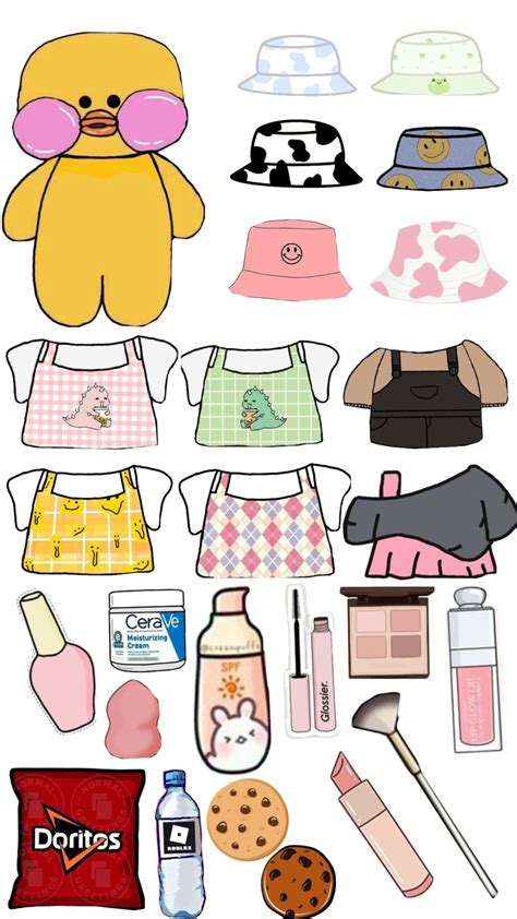 Ilustración de un patito amarillo kawaii con diferentes accesorios