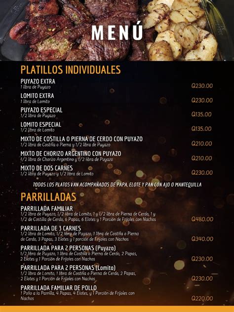 Platos variados del menú de Parrilladas San Felipe, incluyendo carnes a la parrilla y mariscos