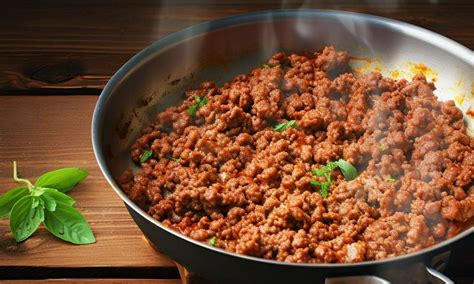 Plano cenital de un sartén con carne molida dorada, cebolla y ajo sofritos.