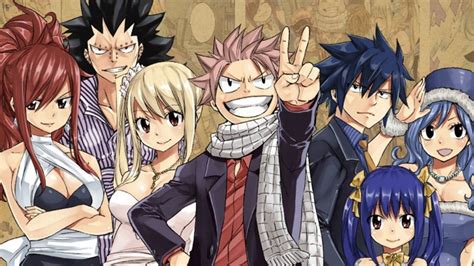 Ilustración del gremio Fairy Tail con sus miembros característicos.