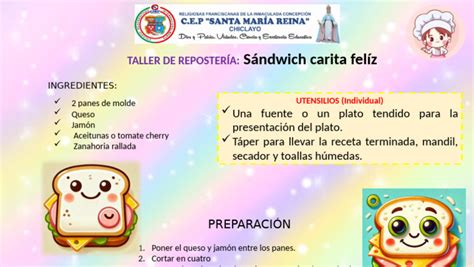 Sándwich con forma de carita feliz y sus ingredientes