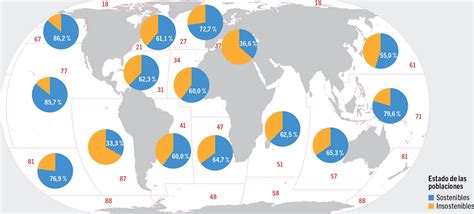 Infografía sobre el estado de las poblaciones de peces a nivel mundial y zonas de sobrepesca.