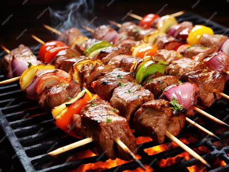 Primer plano de brochetas dorándose en una parrilla