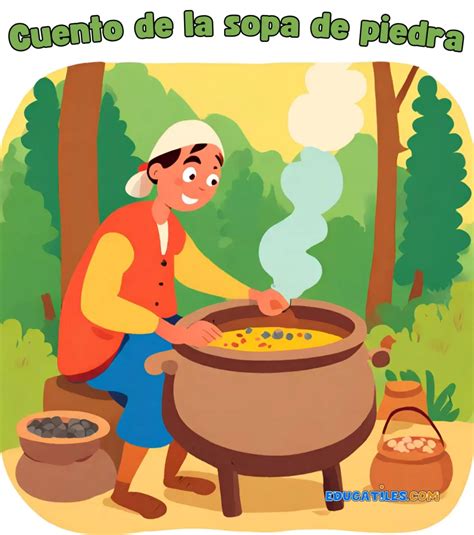 Ilustración de la fábula de la sopa de piedra, con un viajero cocinando y campesinos curiosos