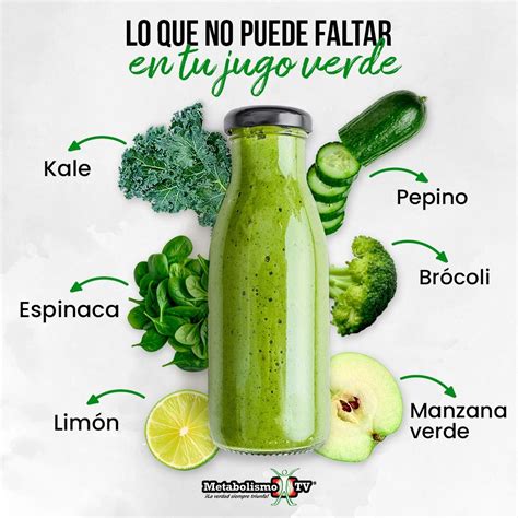 Infografía que muestra los ingredientes básicos de un jugo verde: vegetales de hoja verde, frutas cítricas y elementos hidratantes como el pepino.