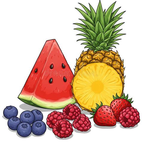 Ilustración de frutas variadas (fresas, frambuesas, paraguayas) dispuestas de forma atractiva.