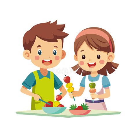 Niños preparando brochetas de verduras