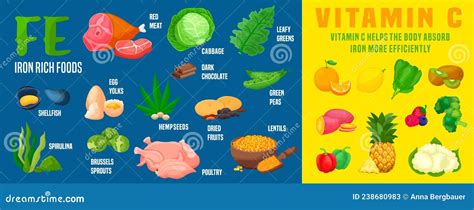 infografía mostrando alimentos ricos en hierro y la influencia de la vitamina C en su absorción