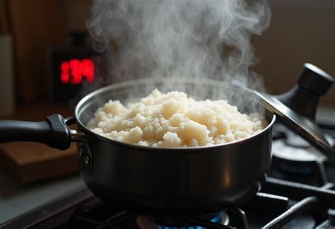 Fotografía detallada de una sartén con patatas y arroz cocinándose uniformemente