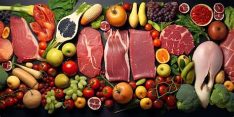 Variedad de frutas, verduras, carnes magras y granos sin gluten en una mesa.