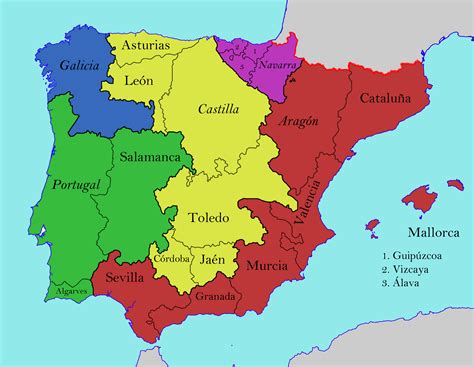 Mapa de la Península Ibérica destacando las regiones mencionadas en la preparación de platos (Murcia, Granada, Andalucía, Extremadura, Canarias, Cataluña, País Vasco).