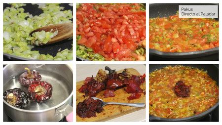 Infografía detallando los pasos de preparación del sofrito para el arroz negro