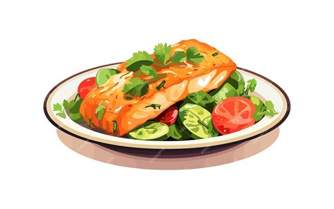 Ilustración de un filete de salmón jugoso con salsa cremosa y perejil picado.